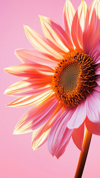 Delicate Single Stem Flower of Calendula Sunflower Against Pink Background. Minimal Floral. Mobile Phone Wallpaper 9:16

