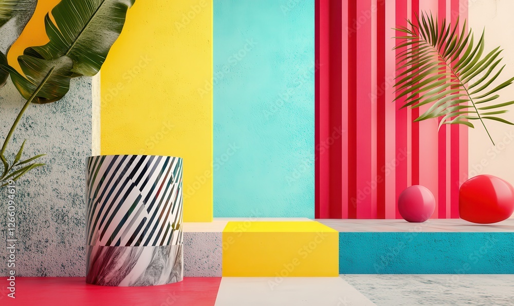 Poster a 3d rendering of a vibrant, abstract geometric design with a multicolored background.