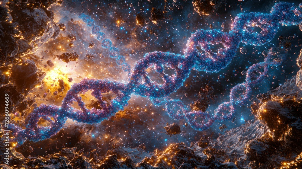 Poster dna helix render floats in deep outer space for medical, and sci-fi concepts