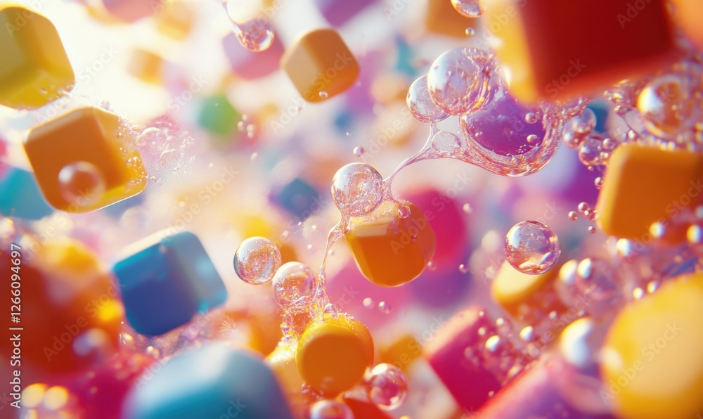 Poster a background design with an abstract 3d render of vibrant bubbles and cubes.