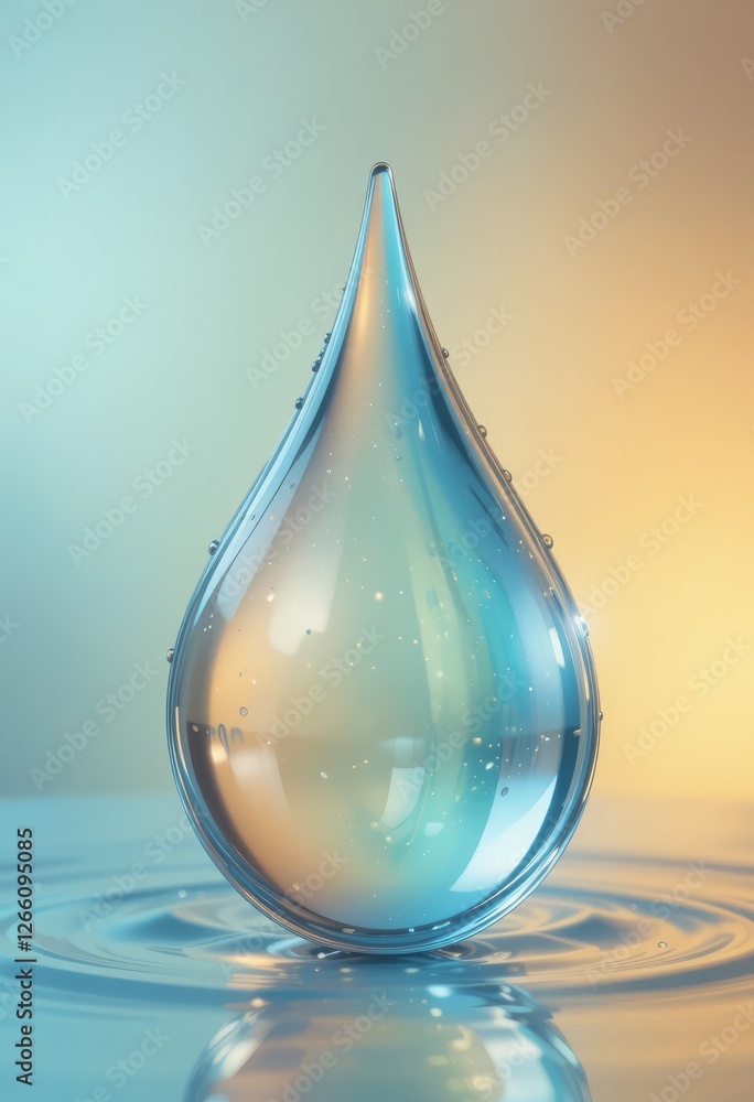 Poster single transparent water drop suspended in mid-air with light reflections and gradient background ge
