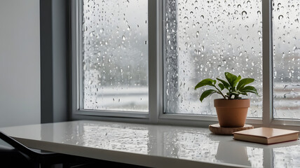 Rainy Day Calm: A small potted plant sits on a windowsill, a book rests beside it, rain droplets cling to the glass pane, offering a serene and peaceful view. 