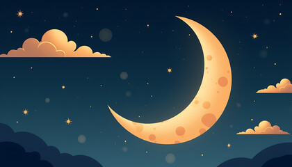 Naklejka premium Crescent moon with clouds and stars in night sky