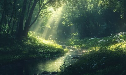 Fototapeta premium A calm creek winding its way through a lush, green forest, bathed in sunlight breaking through the branches.