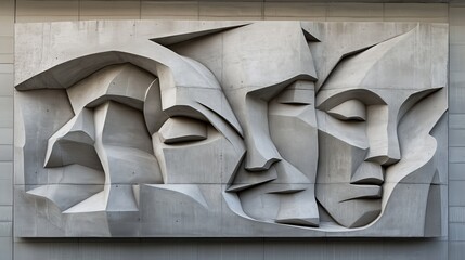 Concrete wall displaying minimalist geometric shapes suggestive of abstract human faces, highlighting architectural design with graphic sculptural elements