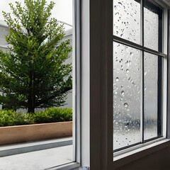 Obraz premium Rainy Day View: Rain patters on the window pane, creating a mesmerizing display of water droplets, framing a view of a lush green tree and a tranquil courtyard beyond.