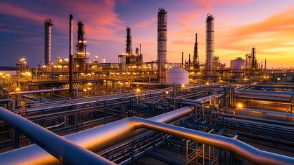 Complex network of pipelines and distillation towers processing crude oil in a vast refinery at sunset, showcasing industrial energy production