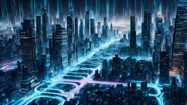Futuristic cityscape at night with glowing blue digital energy streams traversing interconnected highways and skyscrapers.