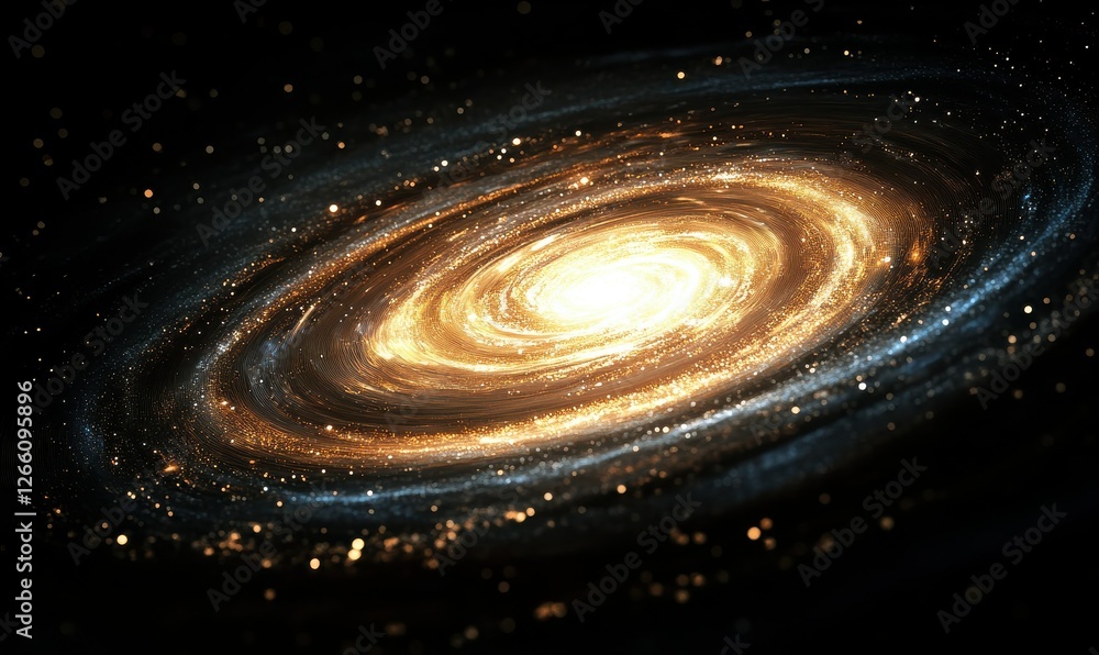 Poster a cutting-edge digital galaxy illuminated by particles and characterized by dynamic circular shapes.