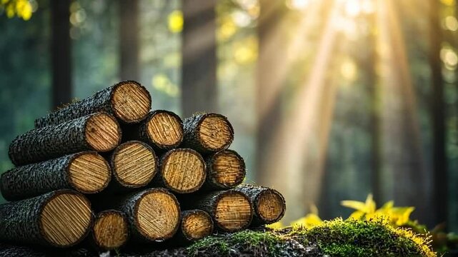 Sunlight filtering through trees highlights a stacked pile of logs in a tranquil forest setting