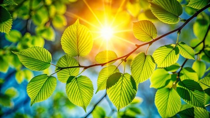 Fototapeta premium Spring Silhouette: Green Leaves on Branch Against Bright Sky