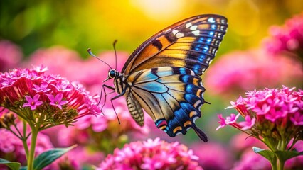Naklejka premium Springtime Beauty: Butterfly on Pink Flowers in Garden
