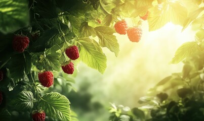 A detailed view of ripe red raspberries on a branch, surrounded by green leaves, with sunlight shining through.