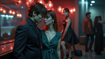 Couple in Red and Teal Lit Lounge