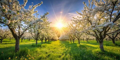 Springtime Orchard: White Apple Blossoms in Full Bloom, Vibrant Landscape Photography