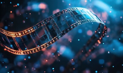 A film strip floating in mid-air, featuring shining particles, showcases the creative promise of AI in video creation.