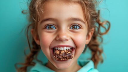 Naklejka premium Champion girl in mint-green hoodie enjoying a chocolate-covered snack with delight