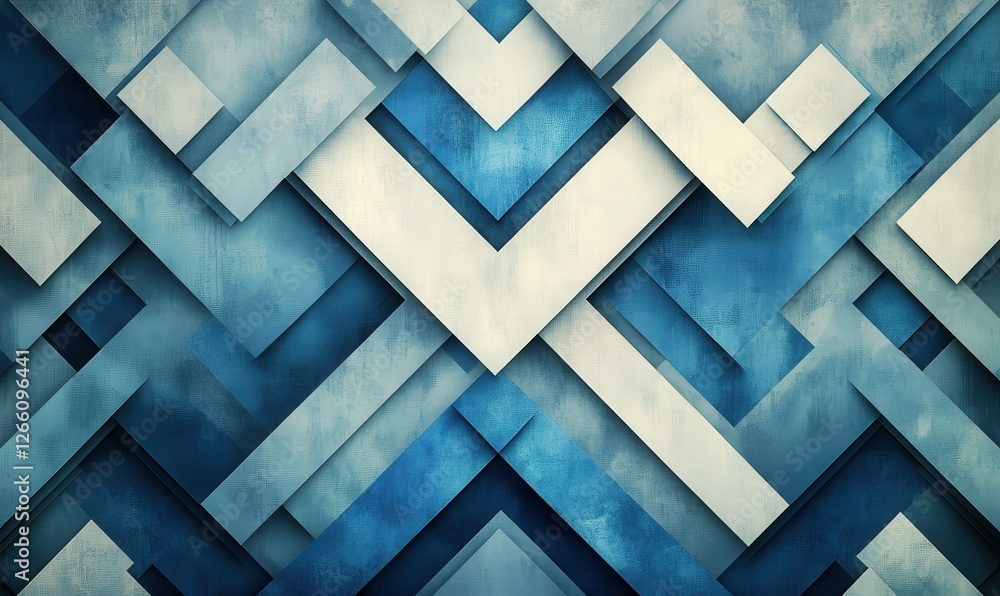 Poster a geometric abstract background with a motif of overlapping blue and gray zigzag shapes.