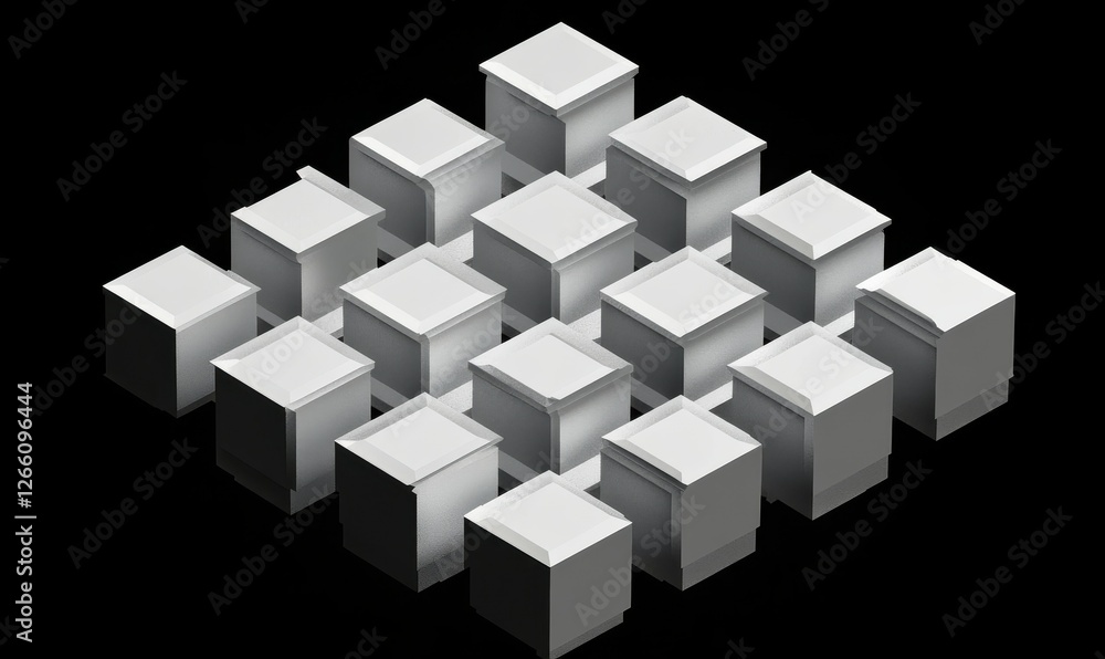 Poster a geometric composition of cubes rendered in 3d, designed for use as an abstract background.
