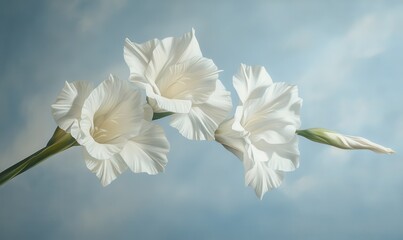 Fototapeta premium A gladiolus flower in white, contrasted with a pale blue backdrop.