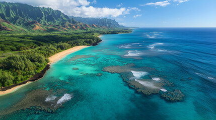 Aerial view of a coastal lagoon with turquoise waters and coral formations