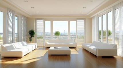 Fototapeta premium A bright and airy living room with soft white sofas and wooden flooring.