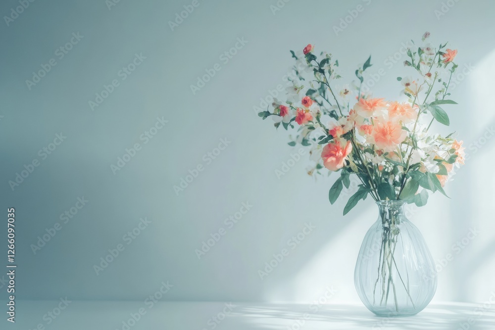 Poster beautiful mixed bouquet of flowers in a clear vase with soft natural light illuminating the setting.