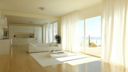 A bright, spacious living room with a white color palette and natural light.