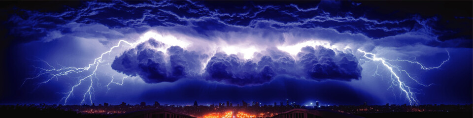 Dramatic Vector Image of Electrifying Thunderstorm Over City Skyline with Intense Lightning Strikes and Dark Cloudy Night Sky, Perfect for Storm Themes