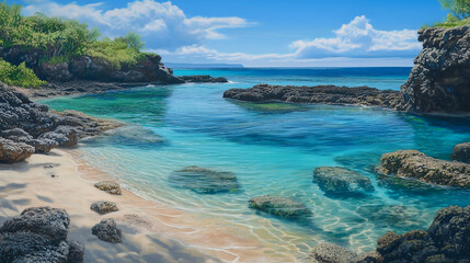 Fototapeta premium Aerial view of a hidden cove with turquoise waters and coral formations