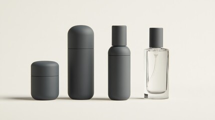 Obraz premium Sleek compact cosmetic packaging in matte gray, arranged neatly beside a glass perfume bottle