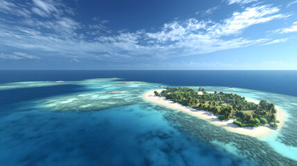 Aerial view of a tropical atoll with turquoise lagoons and coral reefs