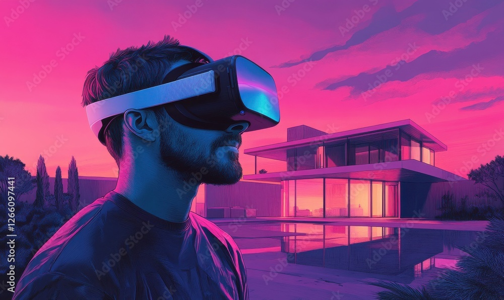 Poster man using vr headset to design a home
