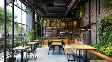 Naklejka premium A contemporary cafe featuring wooden tabletops, minimalist chairs, and cozy industrial elements.