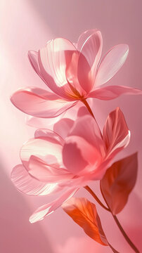 Delicate Pink Transparent Magnolia Flowers Against Pink Background. Minimal Floral. Mobile Phone Wallpaper 9:16
