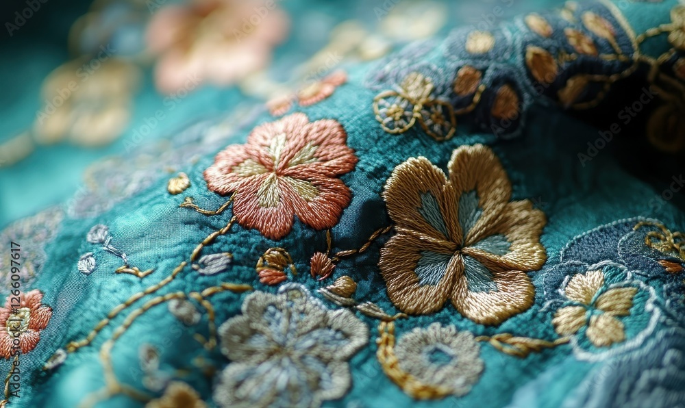 Poster a near view of intricate hand embroidery displaying clover and flower patterns on a teal fabric.