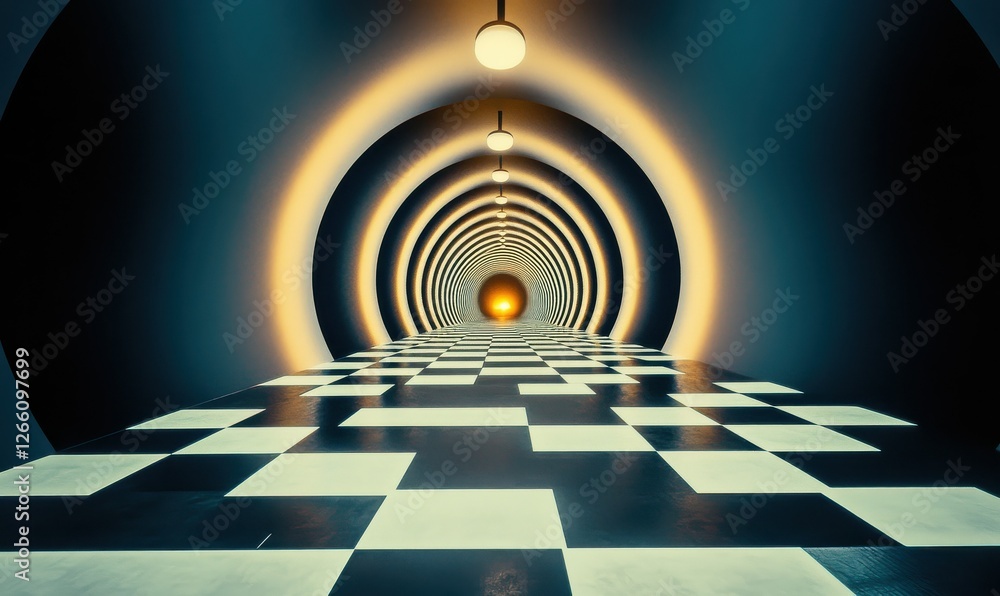 Poster a pattern of abstract geometry includes a checkered floor that leads to a luminous light at the tunn