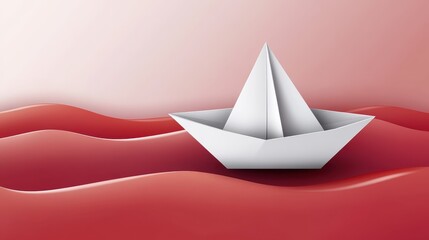 Fototapeta premium Bright white origami boat gracefully navigating vibrant waves of pink and red colors