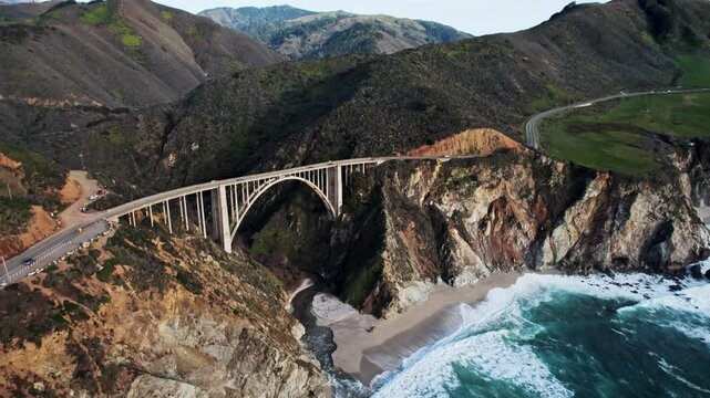 Aerial View of Bixby Bridge Rocky Creek Bridge in Big Sur California Overlooking the Pacific Ocean