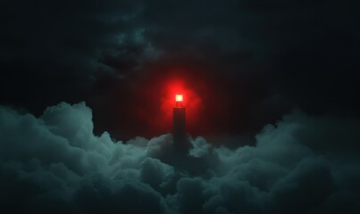 A red beacon light surrounded by dark clouds, creating a dramatic atmosphere.