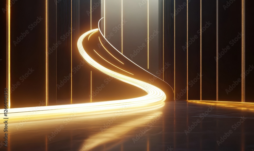 Poster a scene with a dark backdrop showcasing a light track with golden lines on the left and a glowing wh
