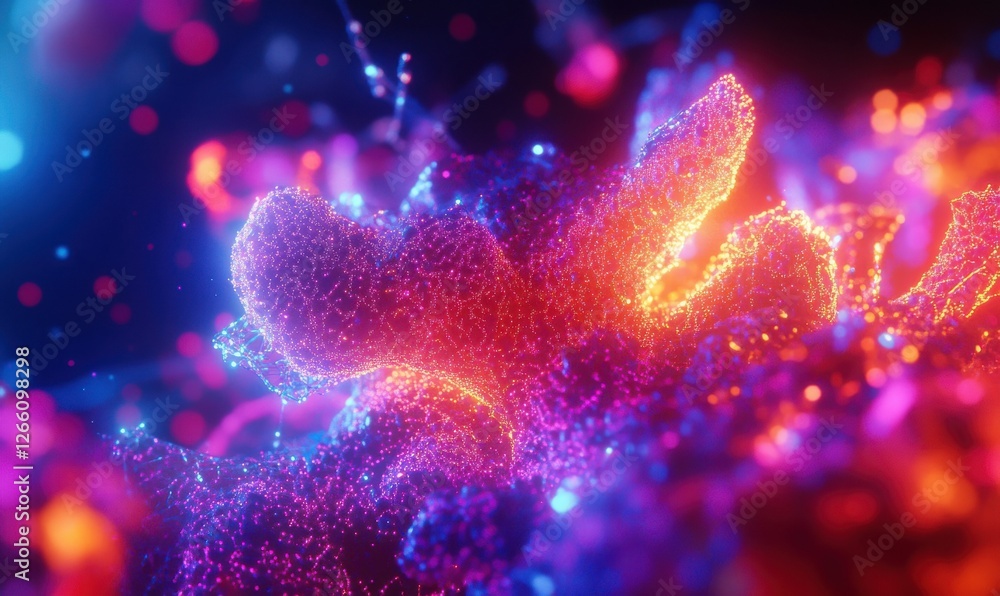 Poster abstract 3d rendering of glowing digital particles forming a complex neural network, vibrant neon hu