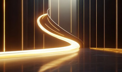 A scene with a dark backdrop showcasing a light track with golden lines on the left and a glowing white spiral in the center