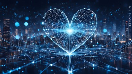 Abstract glowing heart network over a futuristic cityscape at night.