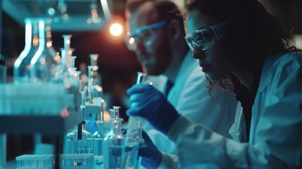 Advanced scientific lab, two researchers analyzing chemicals in a flask, discussing findings, medical research, biotechnology, molecular biology