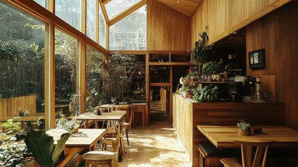 Fototapeta premium A high-ceilinged cafe featuring wooden panels, natural light, and a spacious open design.