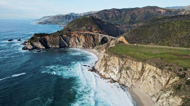 Aerial View of Bixby Bridge Rocky Creek Bridge in Big Sur California Overlooking the Pacific Ocean
