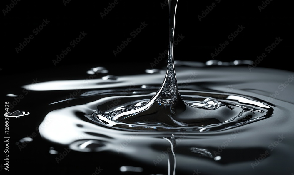 Poster abstract artistic rendering of flowing liquid silver on a black background, soft glowing reflections