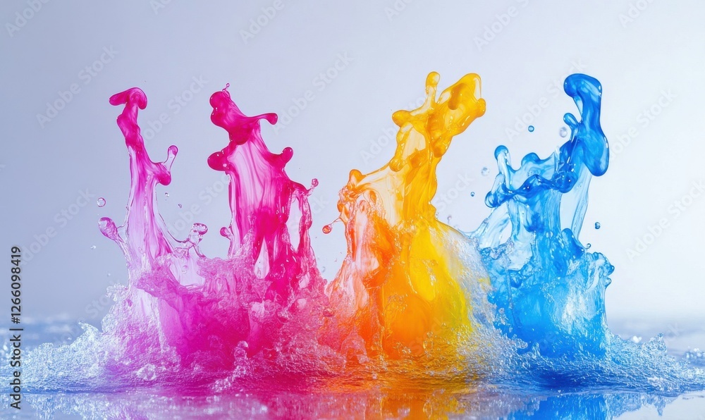 Poster abstract artistic composition of colorful ink splashes frozen mid-motion, soft glowing light adding 