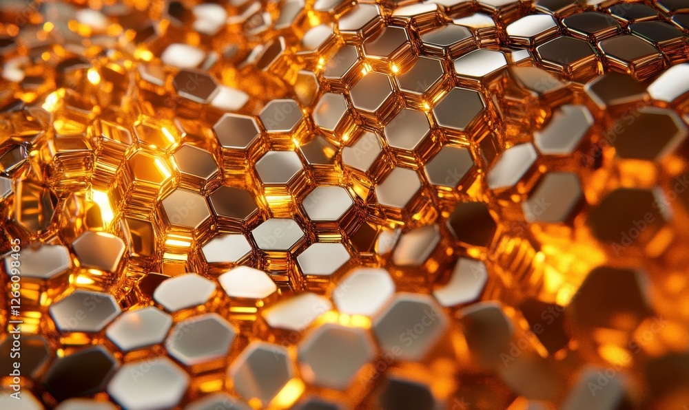 Poster abstract background of metallic hexagons with glowing edges, futuristic design with depth and dimens